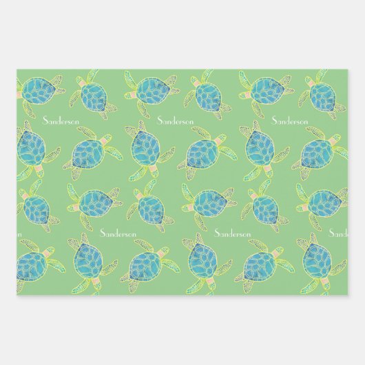 海モノグラムの亀ブルーイエローグリーン ラッピングペーパーシート (正面)