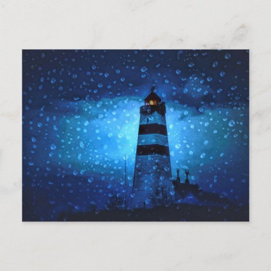 海ライトハウス雨滴とダークブルーの夜 ポストカード (正面)