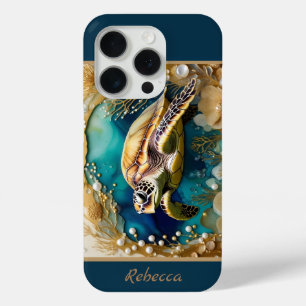海ライフ海洋生物カメ金ゴールド真珠 iPhone 15 PROケース