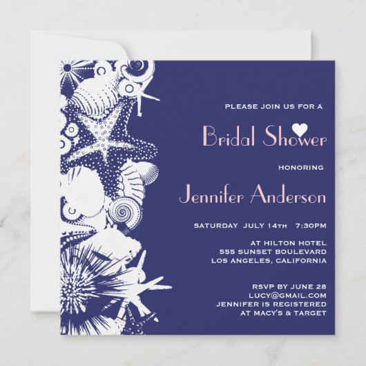 海ラブネイビーシーシェルズシックブライダルシャワー 招待状 (正面)