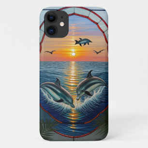 海上の日没時にジャンプするイルカ iPhone 11 ケース