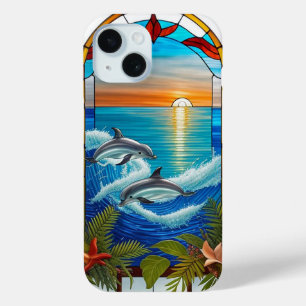 海上の日没時にジャンプするイルカ iPhone 15ケース