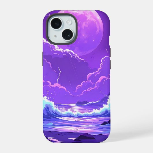 海上の紫の月 – 夢のような夜空 iPhone 15ケース (裏面)