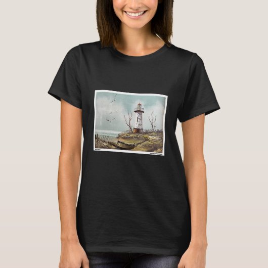 海上の風景に立つ灯台の油絵 Tシャツ (正面)