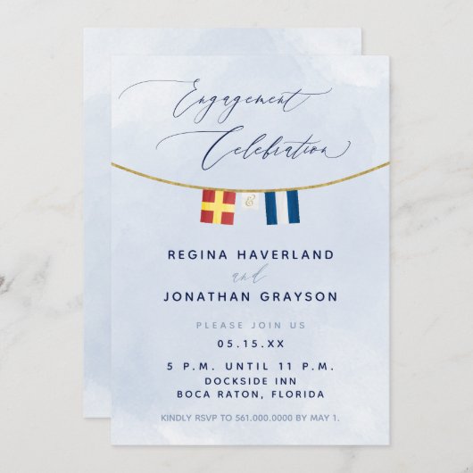 海上国旗のイニシャル航海の婚約パーティ 招待状 (正面/裏面)
