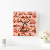 海上，ヴィンテージ船，帆船，赤い白 スクエア壁時計 (ホーム)