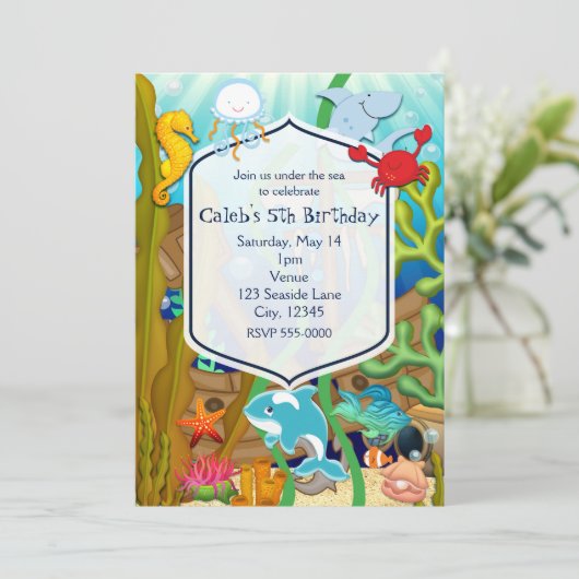海中おもしろい子供の誕生日パーティの招待状 招待状 (スタンド正面)