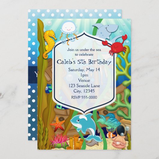 海中おもしろい子供の誕生日パーティの招待状 招待状 (正面/裏面)