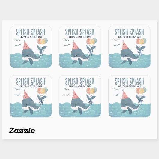 海中で |ホエールバルーンビーチ子供の誕生日 スクエアシール (シート)