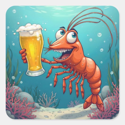 海中にビールを1杯入れてエビを食べる スクエアシール (正面)