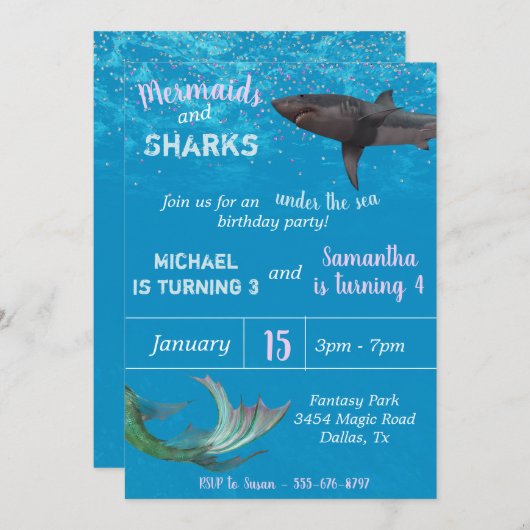 海中の人魚とサメの子供の誕生日パーティー|過去記事 招待状 (正面/裏面)