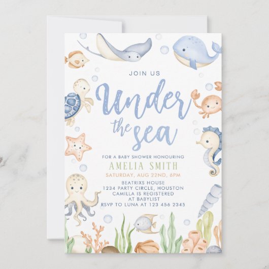 海中の動物の下で海の赤ちゃんシャワー 招待状 (正面)
