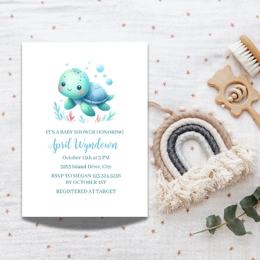海中の水色の亀の赤ちゃんシャワー 招待状