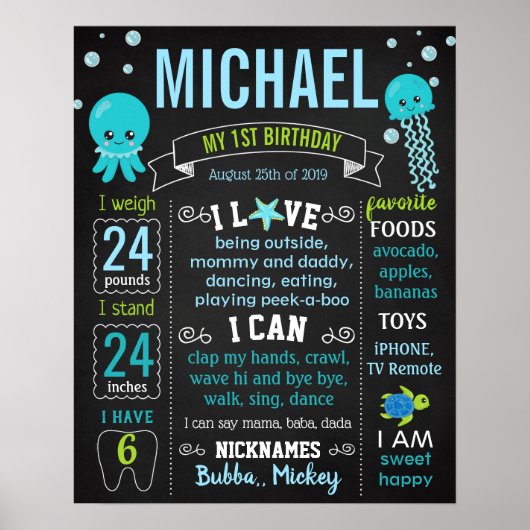 海中ゼリーフィッシュカメの誕生日標識 ポスター (正面)