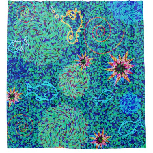 海中モザイク魚シーホースグリーンブルーピンク シャワーカーテン (正面)