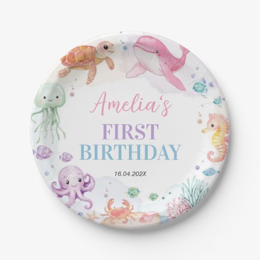 海中可愛い海動物誕生日 ペーパープレート (正面)