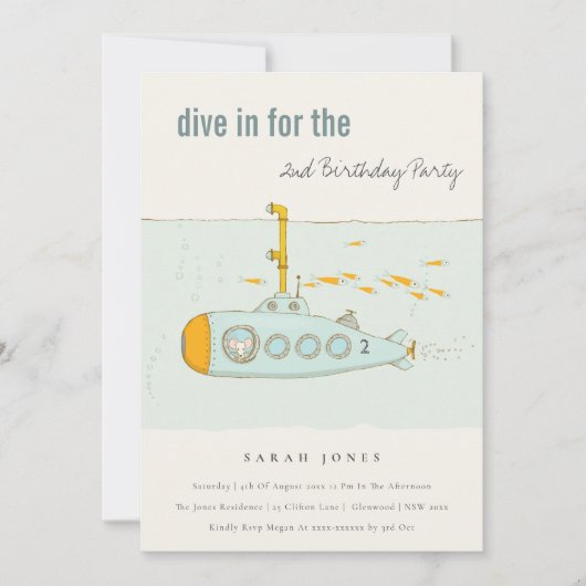 海中潜潜潜航艇Any Age誕生日招待状 サンキューカード (正面)