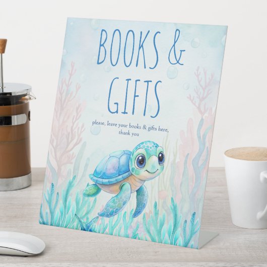 海亀のアクアブルーベビーギフトテーブルの下 台座サイン (インサイチュ)