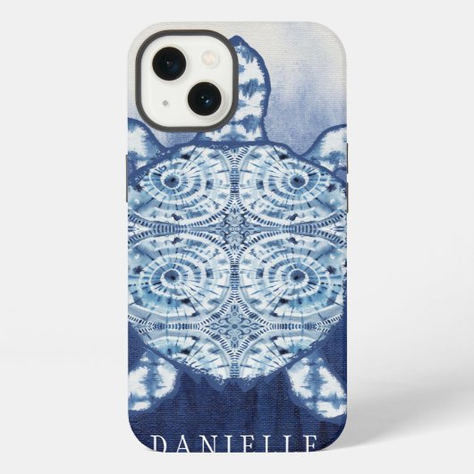 海亀のアートビーチな藍染め模様 ブルー iPhoneケース (裏面)