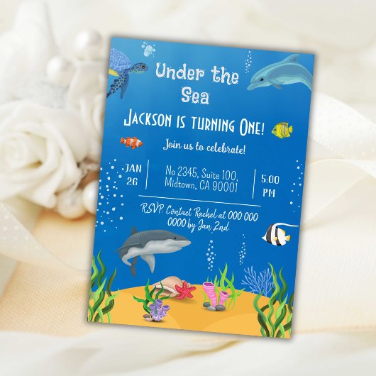 海亀のサメの魚の下で1歳の誕生日 招待状