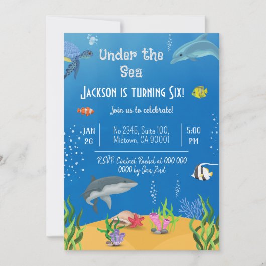 海亀のサメの魚の下で6歳の誕生日 招待状 (正面)