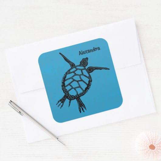 海亀の木版画 スクエアシール (封筒)