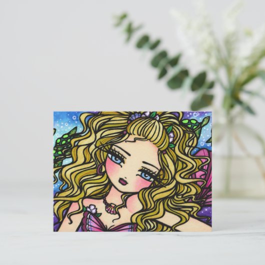海亀の貝殻を持つ人魚の少女 ファンタジー ポストカード (スタンド正面)