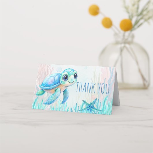 海亀の青い赤ちゃんシャワーの下感謝していで プレイスカード (正面)