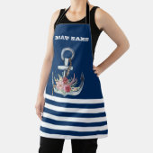 海事用、花柄、アンカー、ネイビーブルー、ストライプ エプロン (インサイチュ)