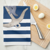 海事、アンカーイルカ ネイビーブルー ストライプ キッチンタオル (四つ折り)