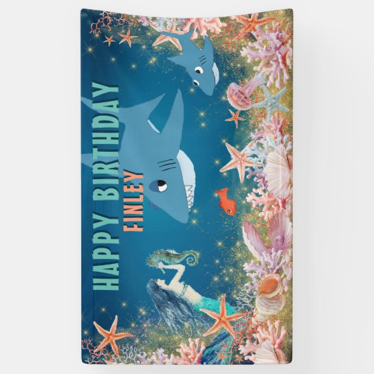 海人魚のサメの誕生日パーティーの下 横断幕 (縦)