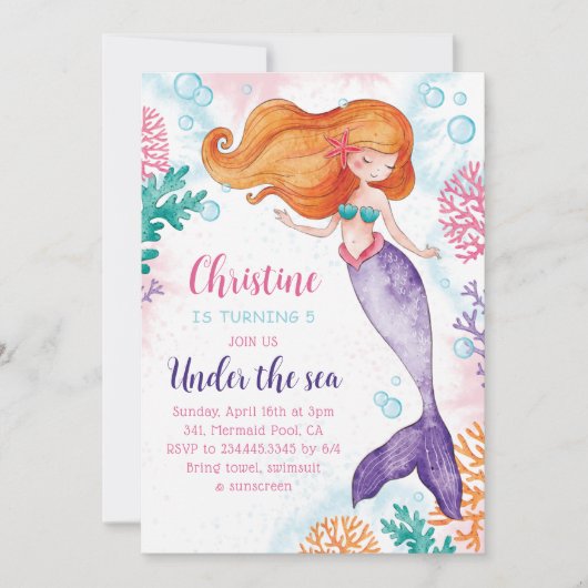 海人魚の女の子の誕生日パーティーの下で 招待状 (正面)