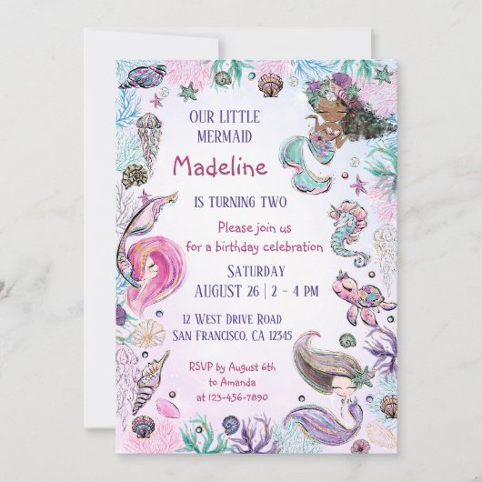 海人魚の女の子の誕生日パーティーの下 招待状 (正面)
