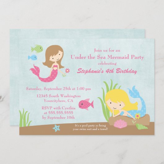 海人魚の女の子の誕生日パーティー招待状の下 招待状 (正面/裏面)