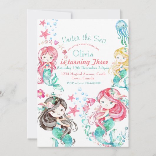 海人魚の誕生日パーティーの下で印刷可能 招待状 (正面)