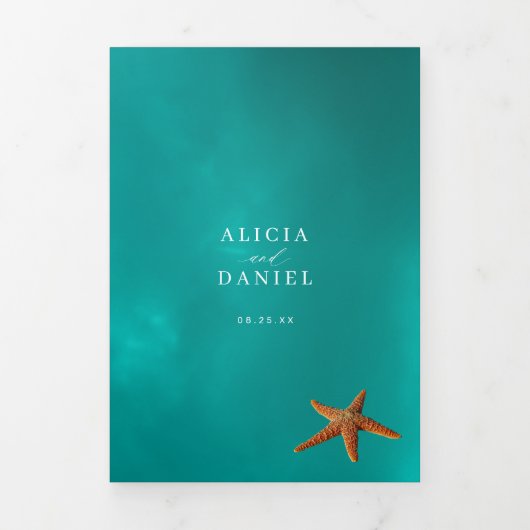 海先結婚式の写真QR RSVP詳細 三つ折り招待状 (カバー)