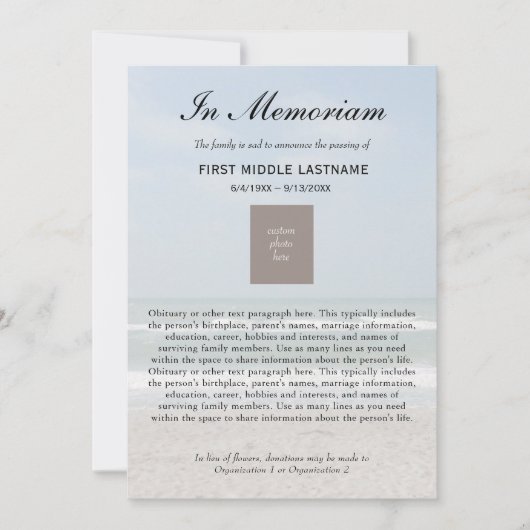 海写真の死亡告知 案内状 (正面)