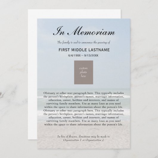 海写真の死亡告知 案内状 (正面/裏面)