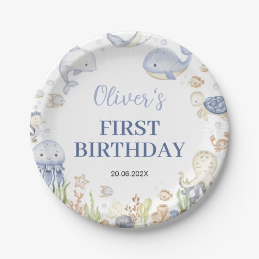海動物の少年ザシー子供の誕生日 ペーパープレート (正面)