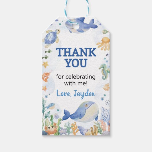 海動物の男の子海の下に誕生日ありがとう ギフトタグ (正面)