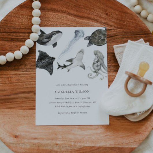 海動物の赤ちゃんシャワー招待状水色 招待状