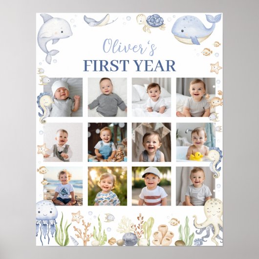海動物子供の誕生日フォトマイルストーン記号 ポスター (正面)