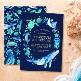 海動物青い水色3歳の誕生日 箔招待状
