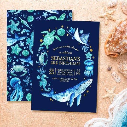 海動物青い水色3歳の誕生日 箔招待状