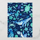 海動物青い水色3歳の誕生日 箔招待状 (裏面)