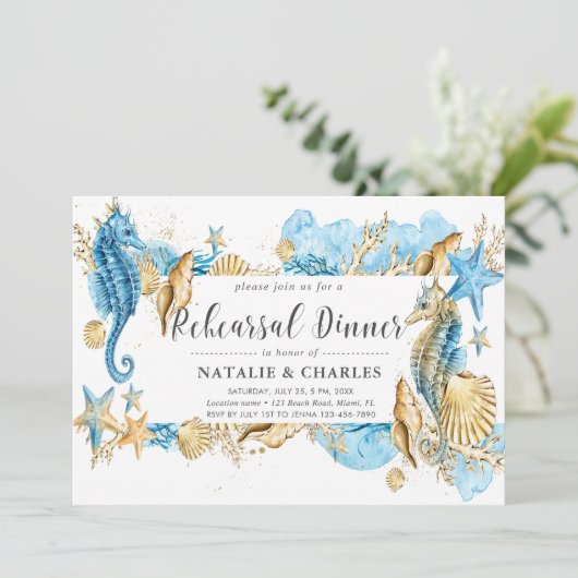 海及びビーチ結婚式のタツノオトシゴのリハーサルの夕食 招待状 (スタンド正面)