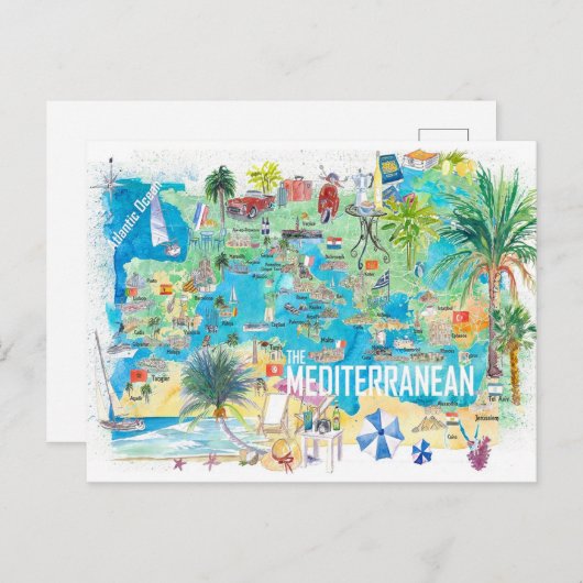 海図解入りの、写真付きの地中海の旅行地図 ポストカード (正面/裏面)