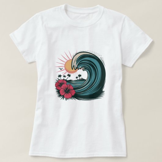 海夏ビーチアイランドウェーブレッドハイビスカス Tシャツ (デザイン正面)