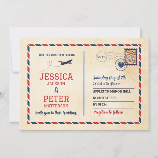 海外旅行先ウェディング飛行機 招待状 (正面)
