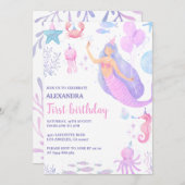 海女の下の人魚の女の子1st誕生日 招待状 (正面/裏面)